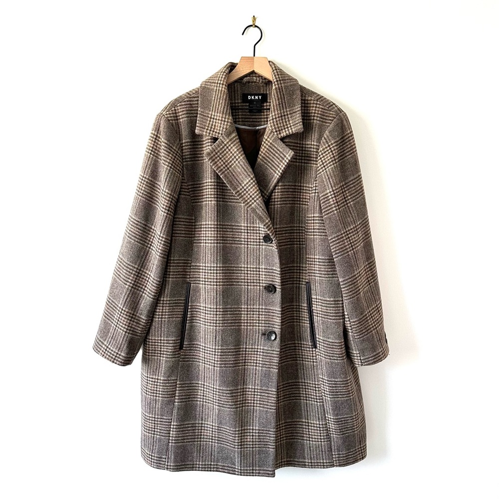 DKNY Walker Single-Breasted Plaid Wool-Blend Coat Brown Size 3X - Picture 2 of 14